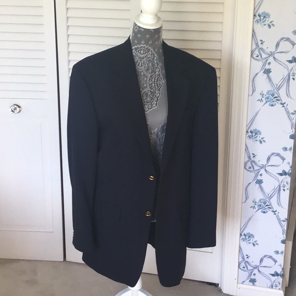 Mens blue blazer with gold tone buttons